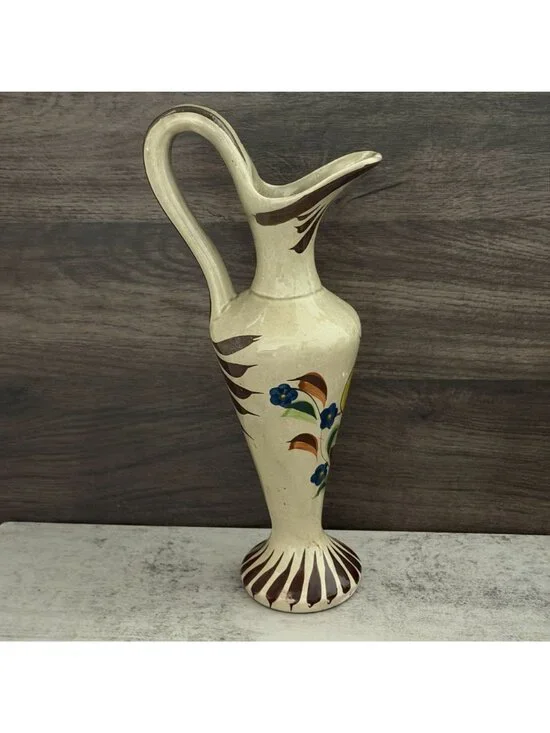 Vintage Tonala Mexico Hand Painted Yellow Bird Handled Ewer Pitcher Ceramic 12" - Picture 3 of 12